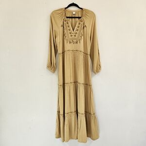Dress Women's Sz M Tiered Maxi Embroidered Details Long Sleeve Yellow Bohemian